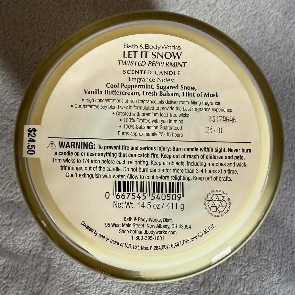 Bath & Body Works New Twisted Peppermint Let It Snow 3-Wick Candle 14.5 oz - Picture 4 of 4